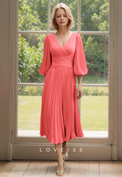 V-Neck Long Sleeves Pleated Chiffon Pleated A-Line Mother of Bride Dress