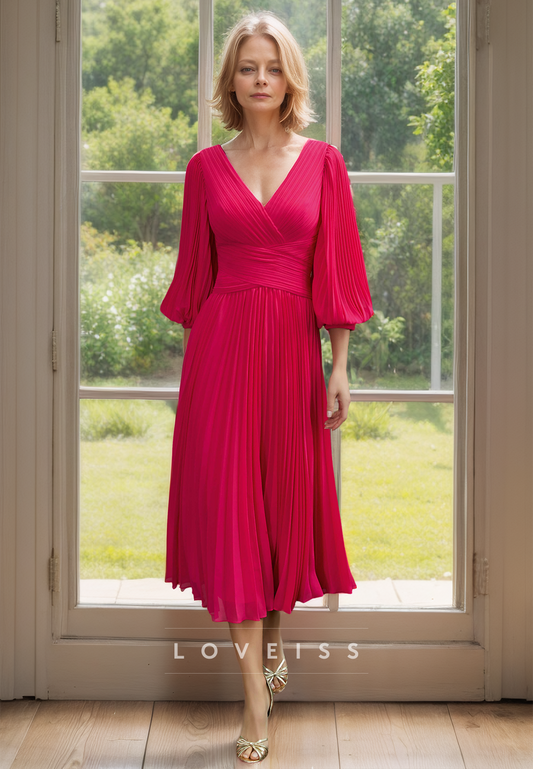 V-Neck Long Sleeves Pleated Chiffon Pleated A-Line Mother of Bride Dress