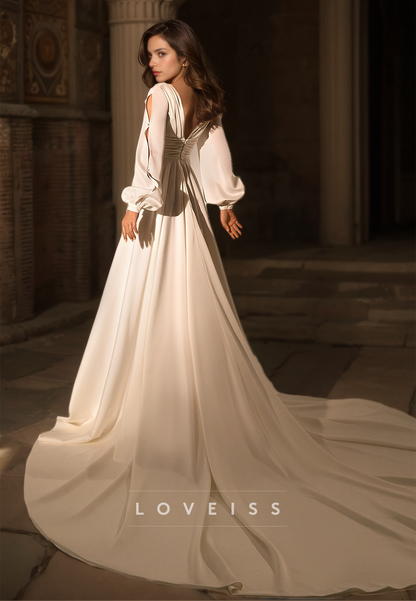 V-Neck Long Sleeves Pleated High Slit A-Line Beach Wedding Dress