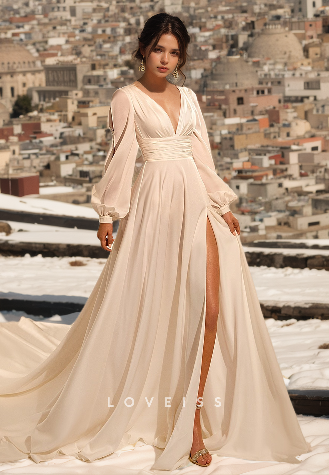 V-Neck Long Sleeves Pleated High Slit A-Line Beach Wedding Dress