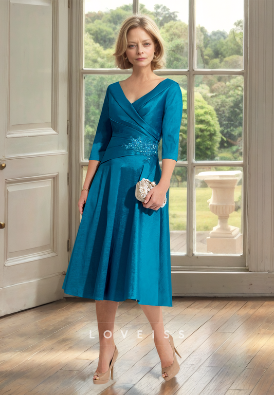 V-Neck Long Sleeves Pleated Satin Appliques A-Line Mother of Bride Dress