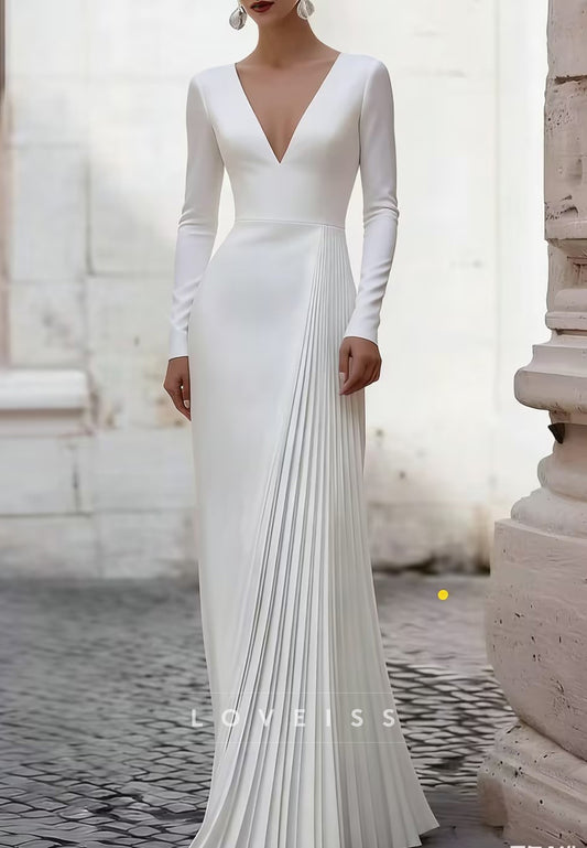 V-Neck Long Sleeves Pleated Sheath Evening Dress
