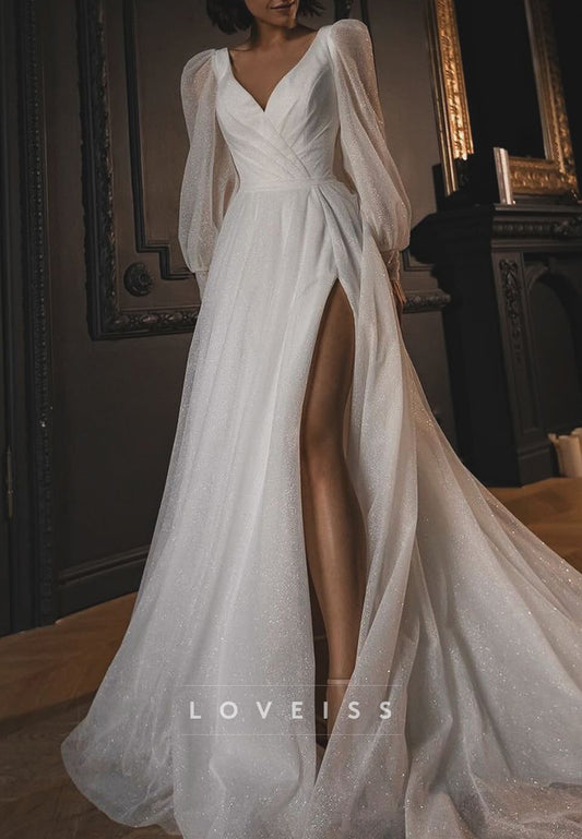 V-Neck Long Sleeves Pleated Side Slit A-Line Wedding Dress