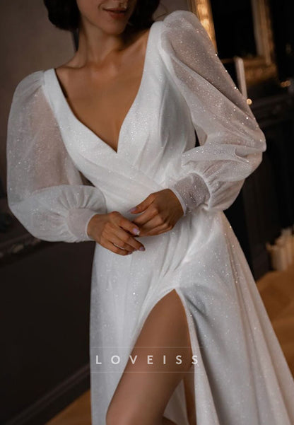 V-Neck Long Sleeves Pleated Side Slit A-Line Wedding Dress