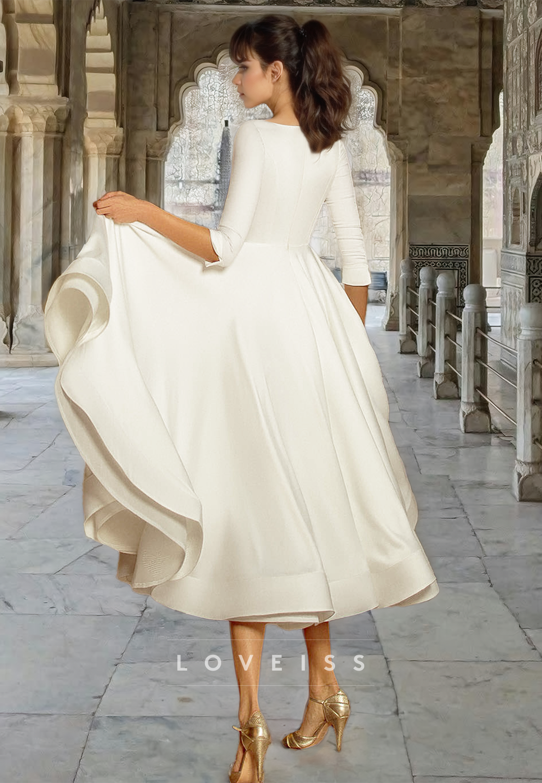 V-Neck Long Sleeves Pleated Sleek A-Line Beach Wedding Dress