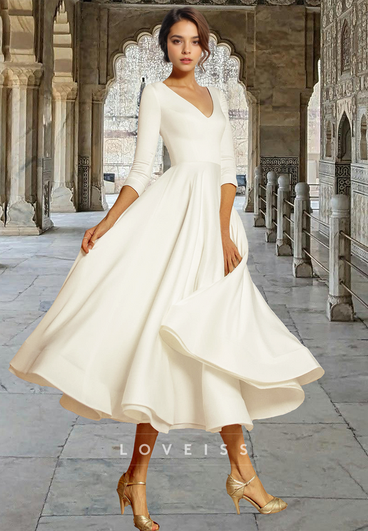 V-Neck Long Sleeves Pleated Sleek A-Line Beach Wedding Dress