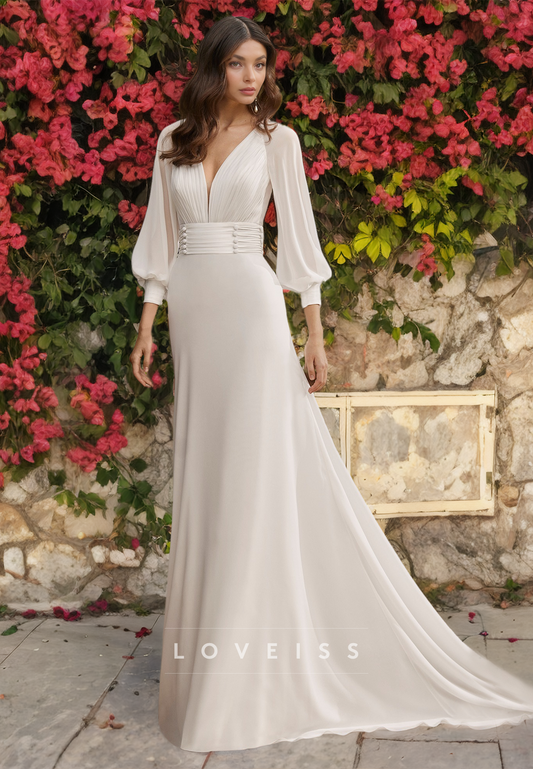 V-Neck Long Sleeves Pleated Sleek Boho Wedding Dress