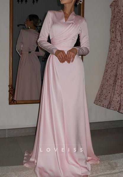 V-Neck Long Sleeves Pleated Sleek Sheath Evening Dress