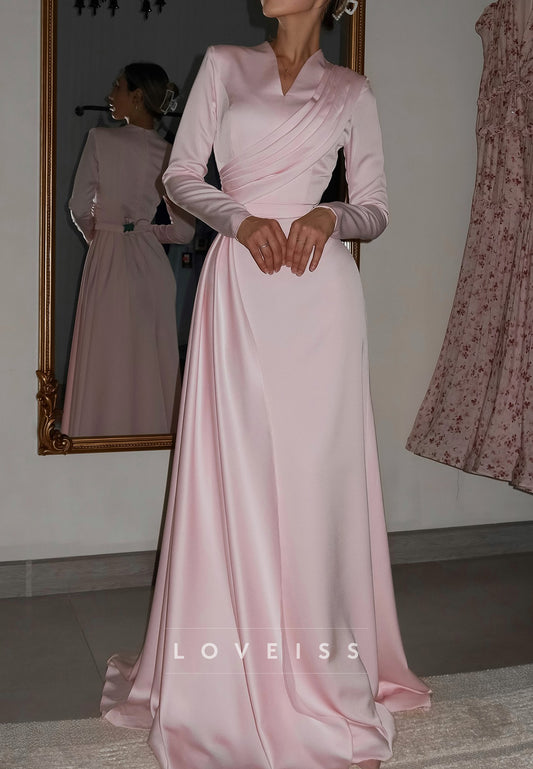 V-Neck Long Sleeves Pleated Sleek Sheath Evening Dress