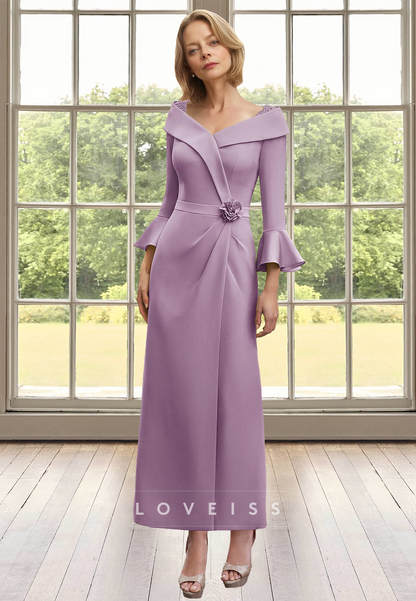 V-Neck Long Sleeves Ruched Sheath Mother of Bride Dress