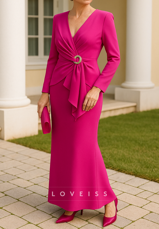 V-Neck Long Sleeves Ruched Sheath Mother of Bride Dress