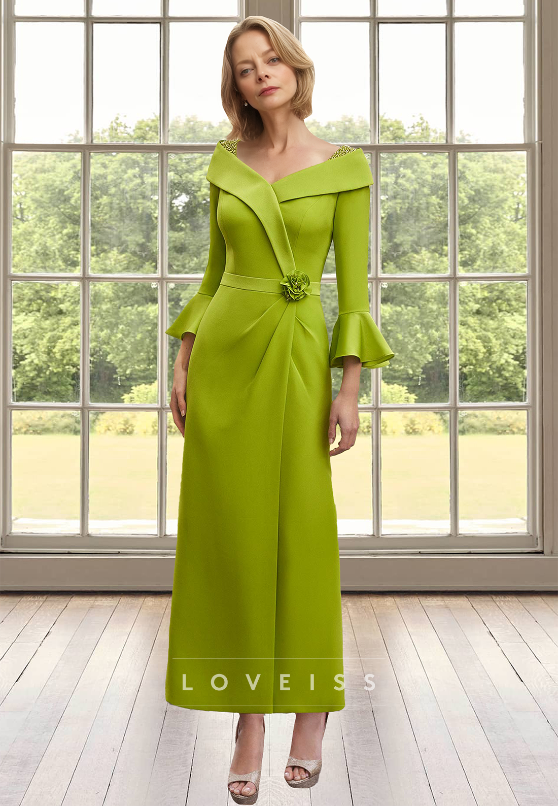 V-Neck Long Sleeves Ruched Sheath Mother of Bride Dress