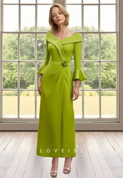 V-Neck Long Sleeves Ruched Sheath Mother of Bride Dress