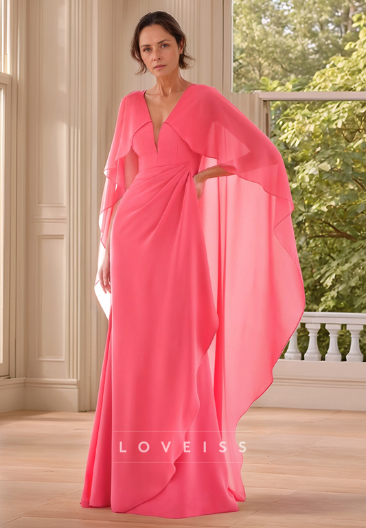 V-Neck Long Sleeves Ruffled Ruched Sheath Mother of Bride Dress