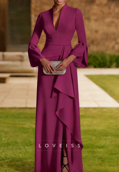 V-Neck Long Sleeves Ruffled Sheath Mother of Bride Dress