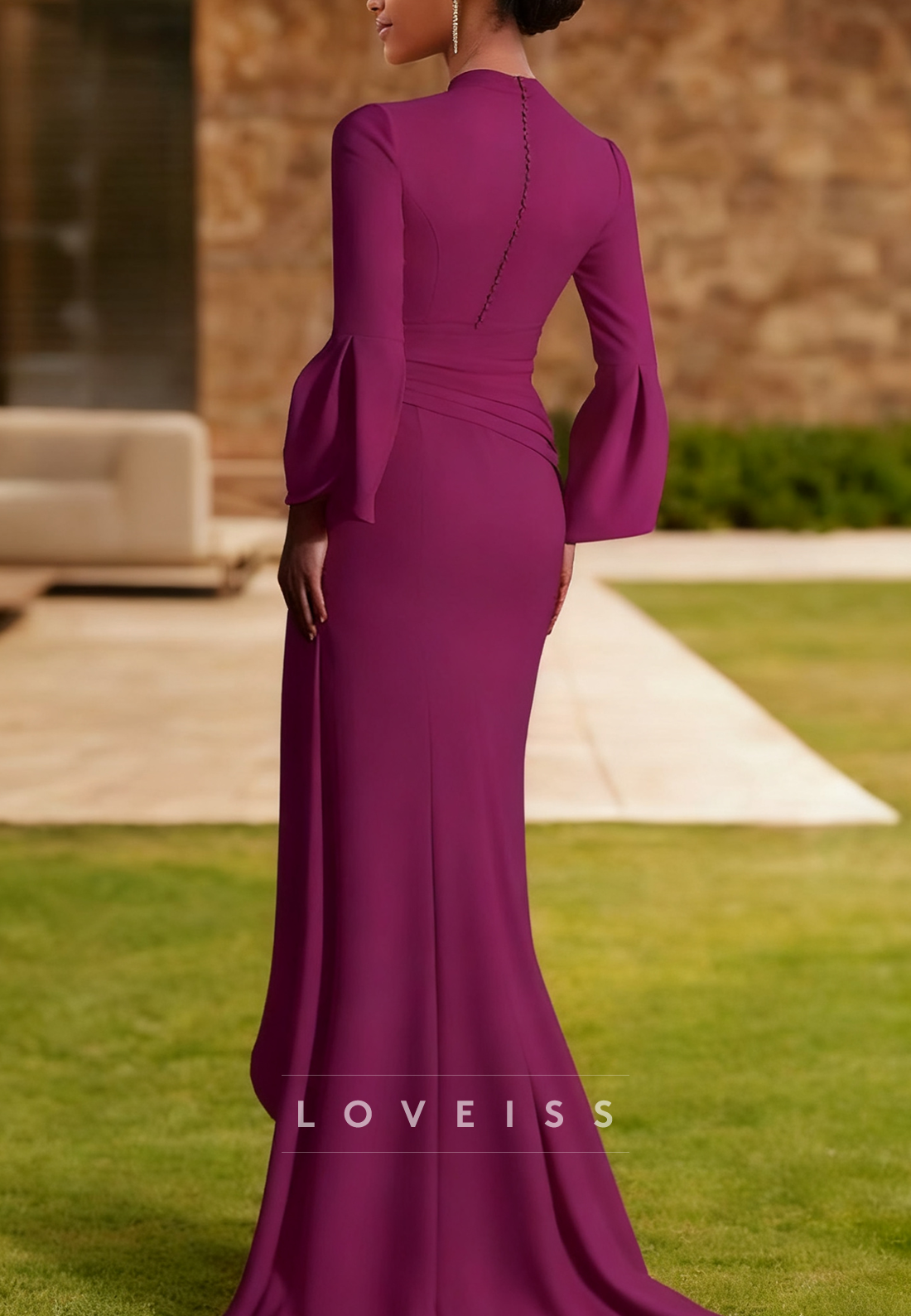 V-Neck Long Sleeves Ruffled Sheath Mother of Bride Dress