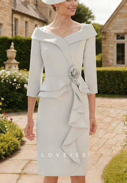 V-Neck Long Sleeves Ruffles Floral Sheath Mother of Bride Dress