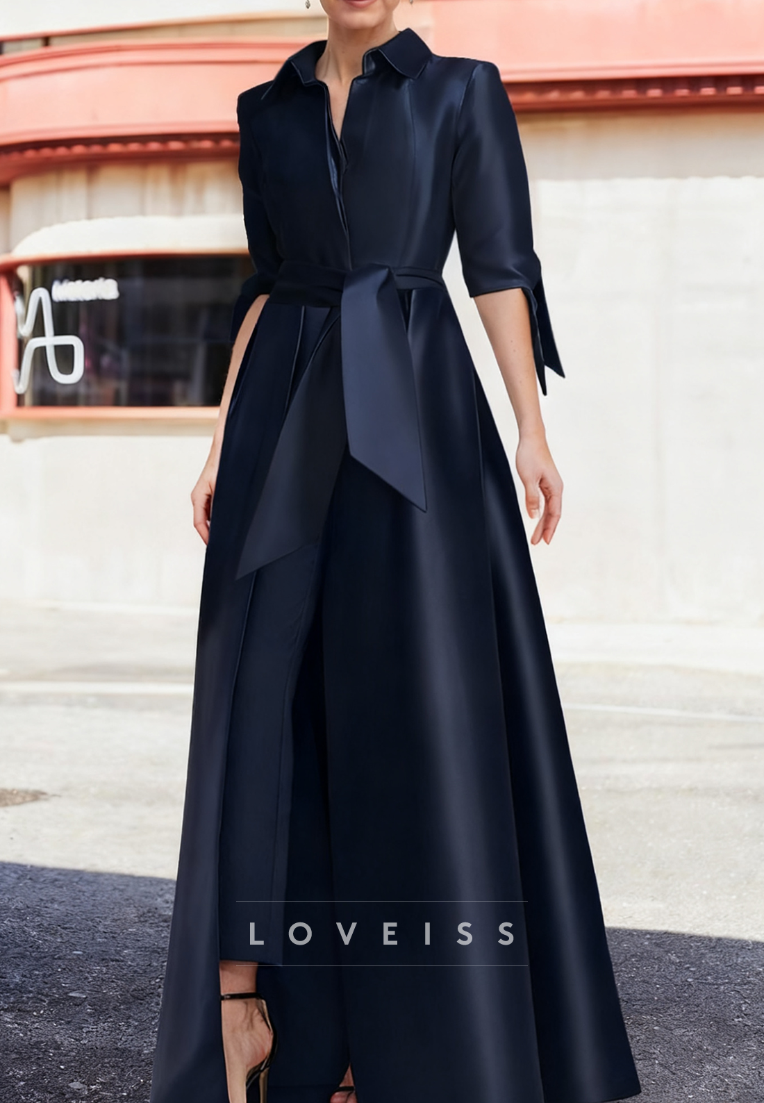 V-Neck Long Sleeves Satin A-Line Navy Jumpsuit Mother of Bride Dress