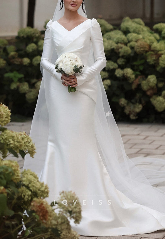 V-Neck Long Sleeves Satin Pleated Mermaid Classic Wedding Dress