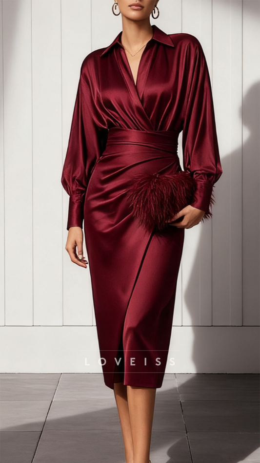 V-Neck Long Sleeves Satin Sheath Cocktail Dress