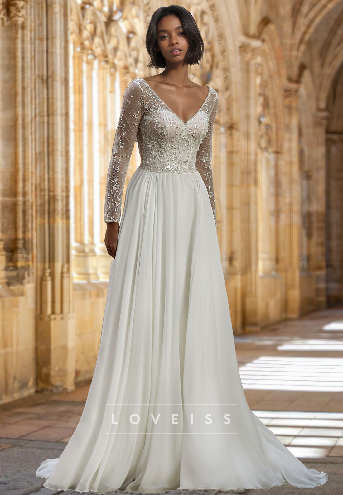 V-Neck Long Sleeves Sequins A-Line Wedding Dress