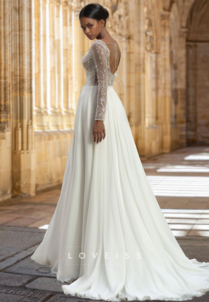 V-Neck Long Sleeves Sequins A-Line Wedding Dress