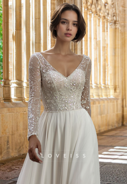 V-Neck Long Sleeves Sequins A-Line Wedding Dress