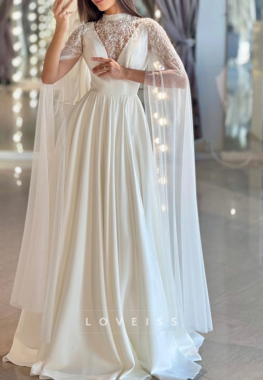V-Neck Long Sleeves Sequins Appliques A-Line Wedding Dress