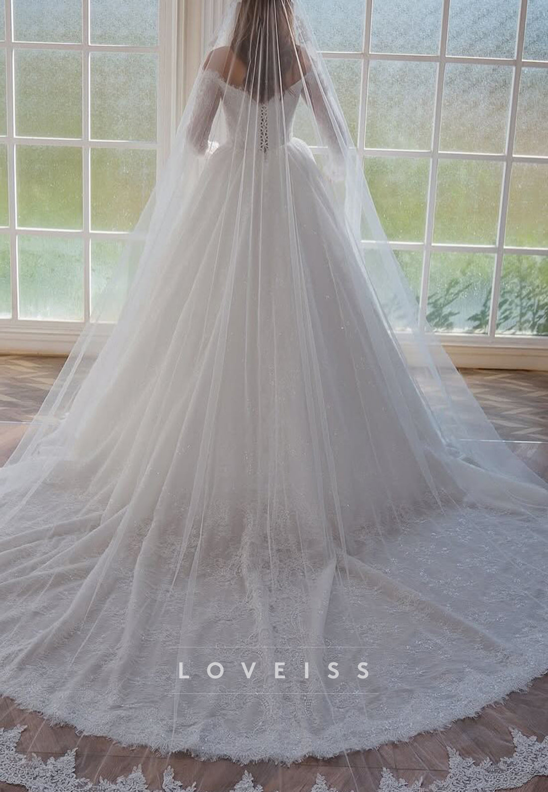 V-Neck Long Sleeves Sequins Appliques A-Line Wedding Gown