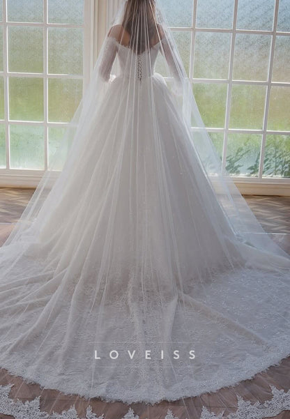 V-Neck Long Sleeves Sequins Appliques A-Line Wedding Gown