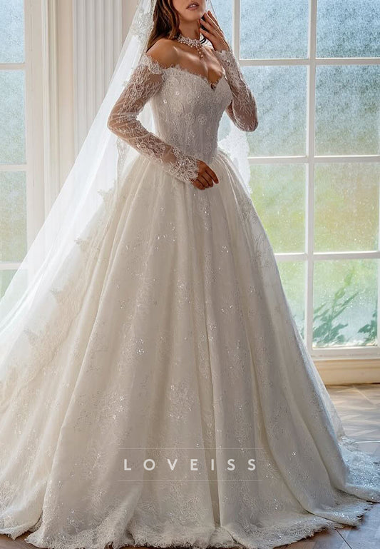 V-Neck Long Sleeves Sequins Appliques A-Line Wedding Gown