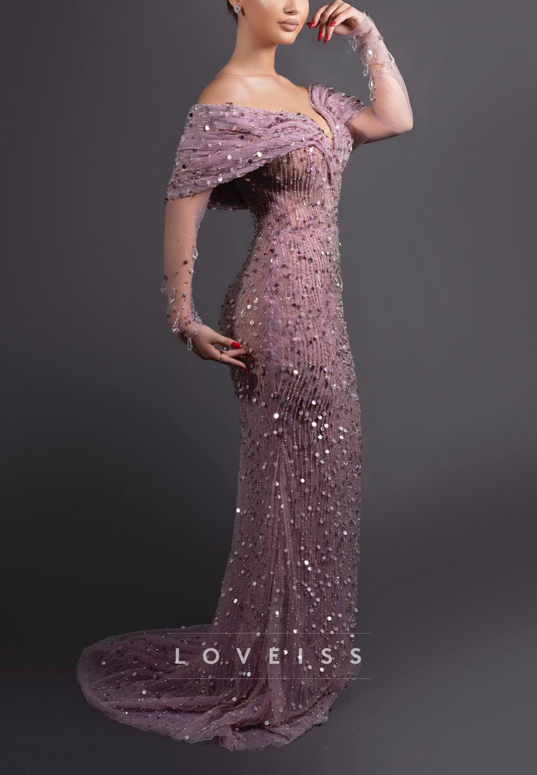 V-Neck Long Sleeves Sequins Beaded Embellished Mermaid Prom Dress