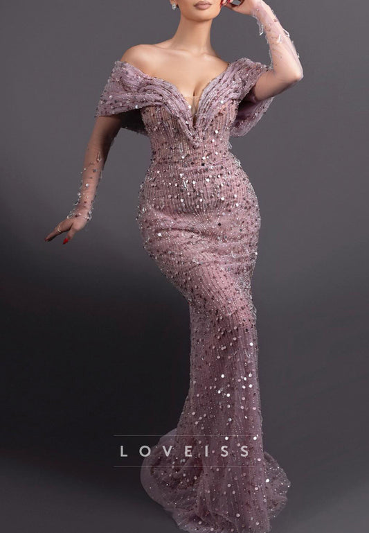 V-Neck Long Sleeves Sequins Beaded Embellished Mermaid Prom Dress