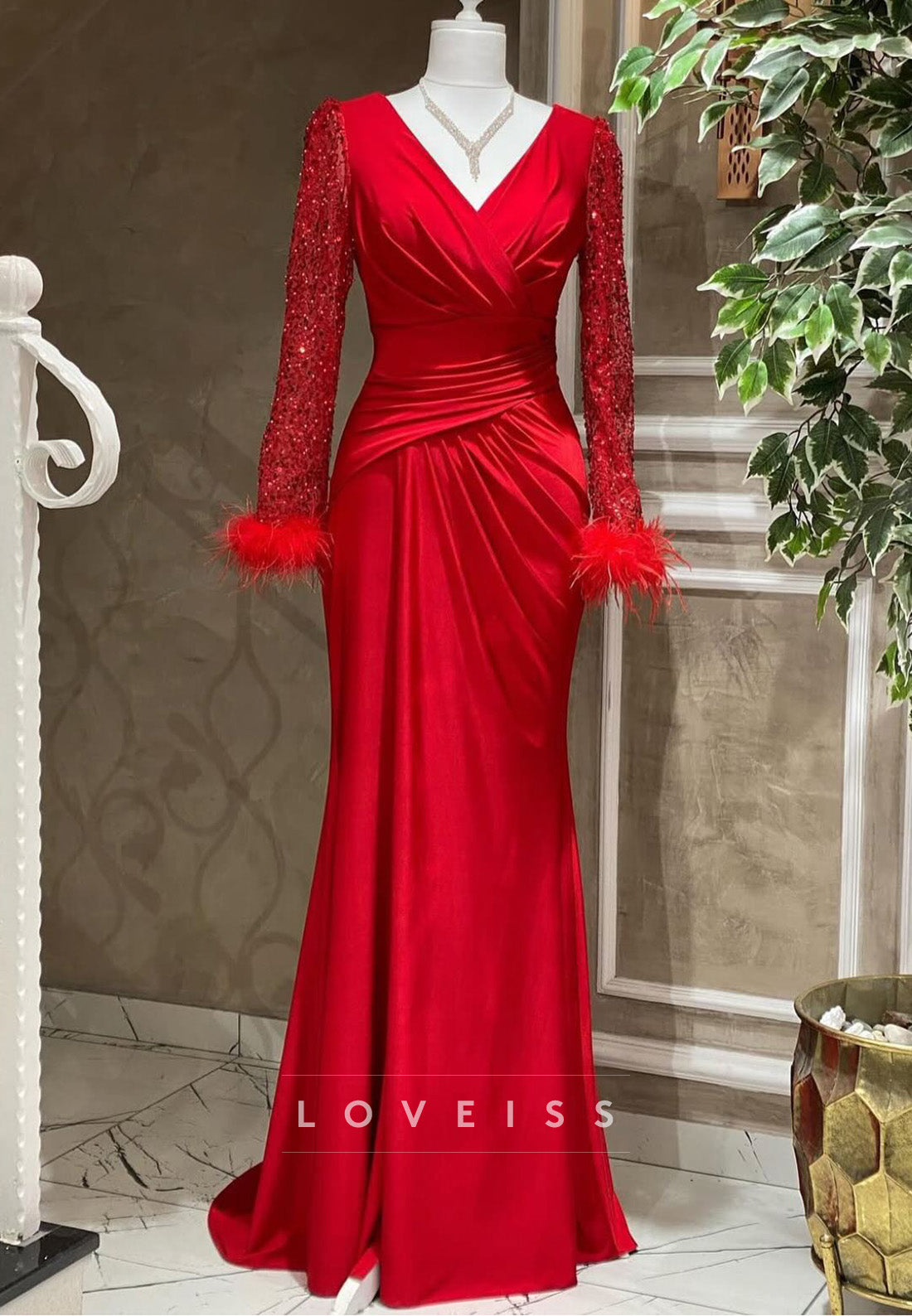 V-Neck Long Sleeves Sequins Pleated Sheath Evening Dress