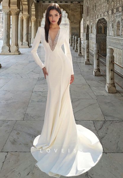 V-Neck Long Sleeves Sequins Sleek Mermaid Wedding Dress