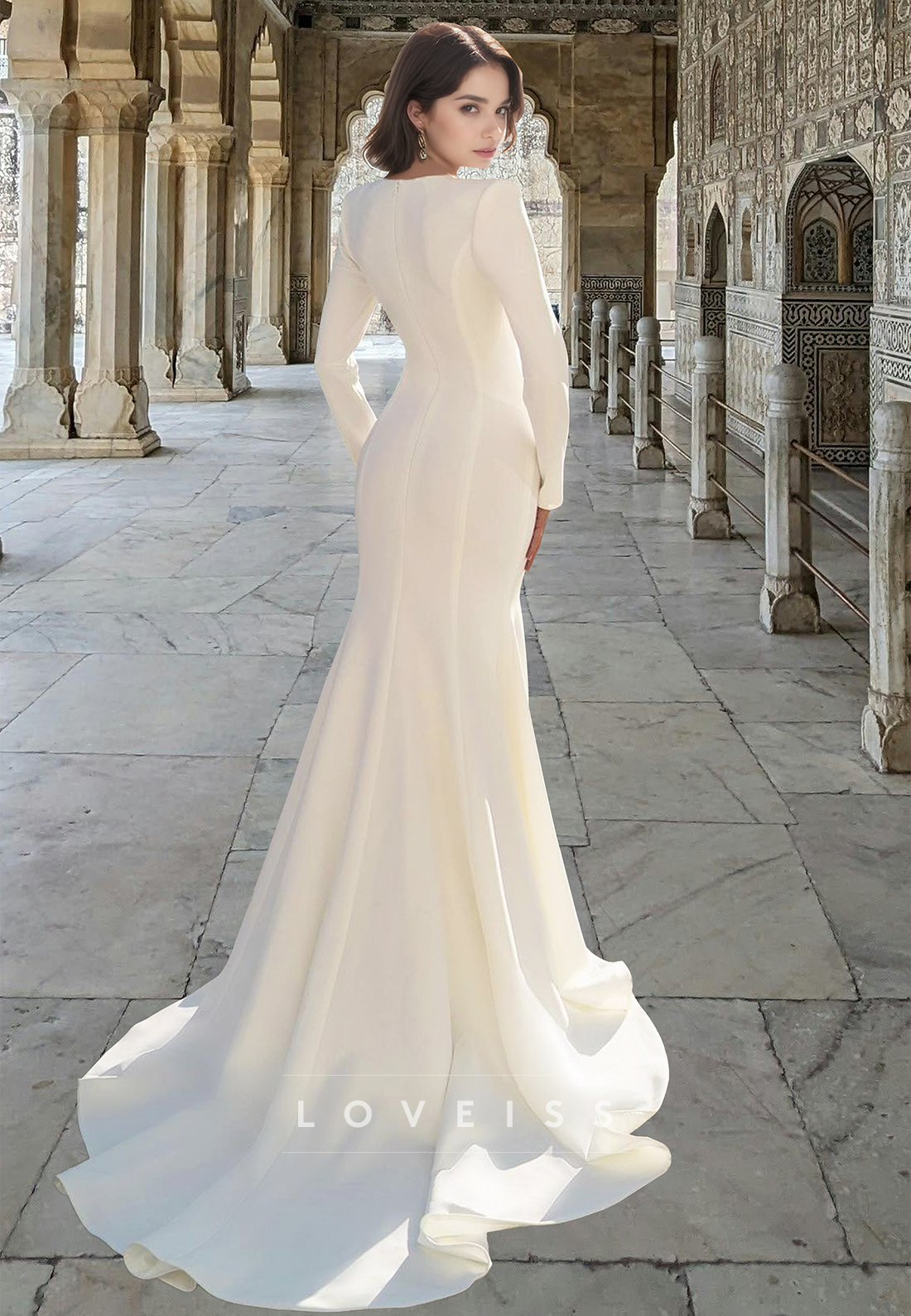 V-Neck Long Sleeves Sequins Sleek Mermaid Wedding Dress