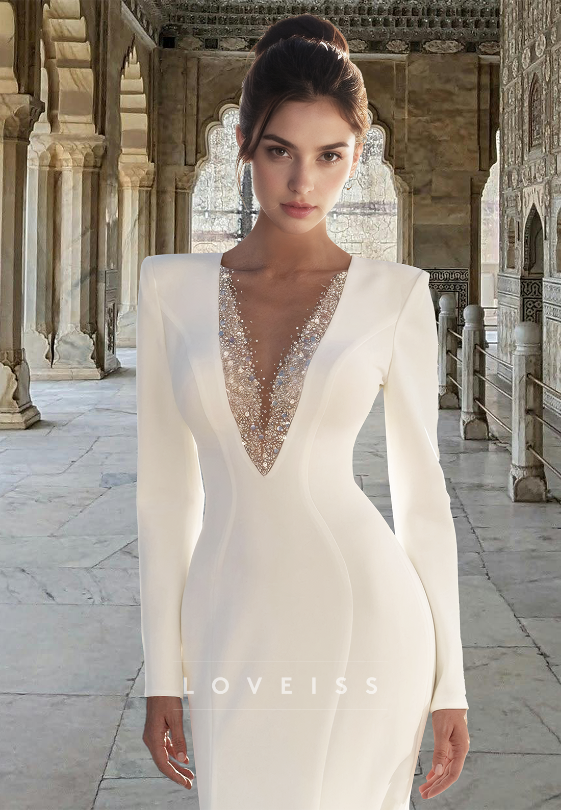 V-Neck Long Sleeves Sequins Sleek Mermaid Wedding Dress