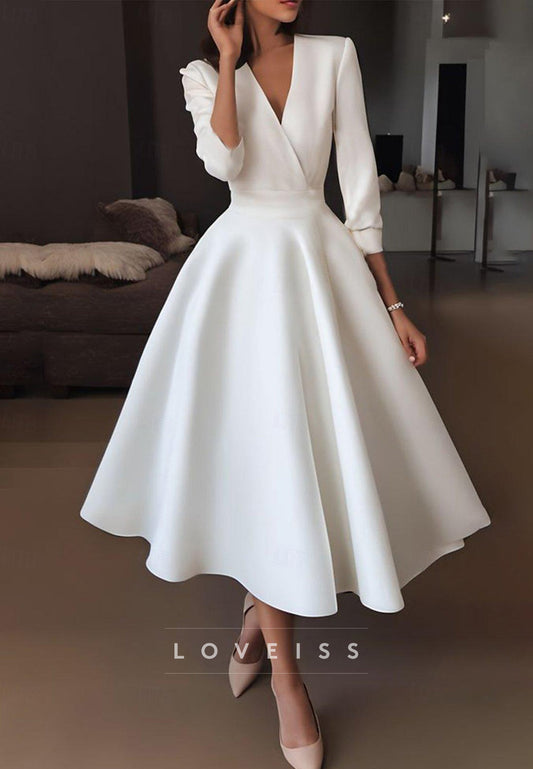 V-Neck Long Sleeves Sleek A-Line Midi Wedding Dress