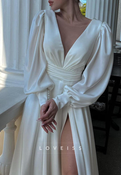 V-Neck Long Sleeves Sleek A-Line Wedding Dress