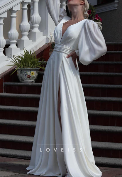 V-Neck Long Sleeves Sleek A-Line Wedding Dress