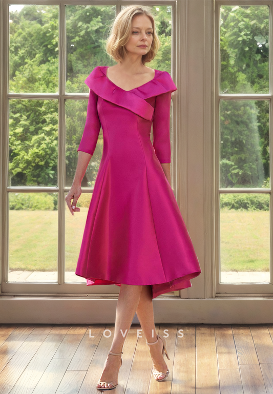 V-Neck Long Sleeves Sleek Pleated Satin Knee-Length Mother of Bride Dress