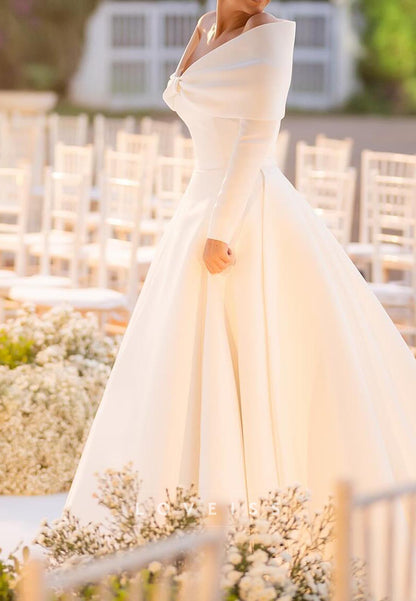 V-Neck Long Sleeves Sleek Satin A-Line Wedding Dress