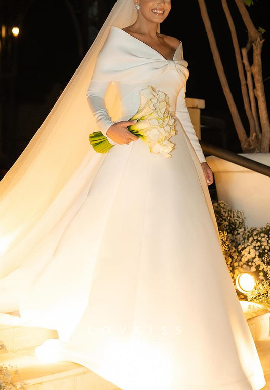 V-Neck Long Sleeves Sleek Satin A-Line Wedding Dress