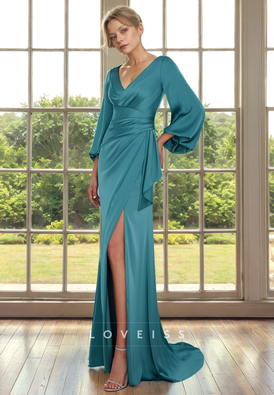 V-Neck Long Sleeves Ruched Side Slit Mother of Bride Dress