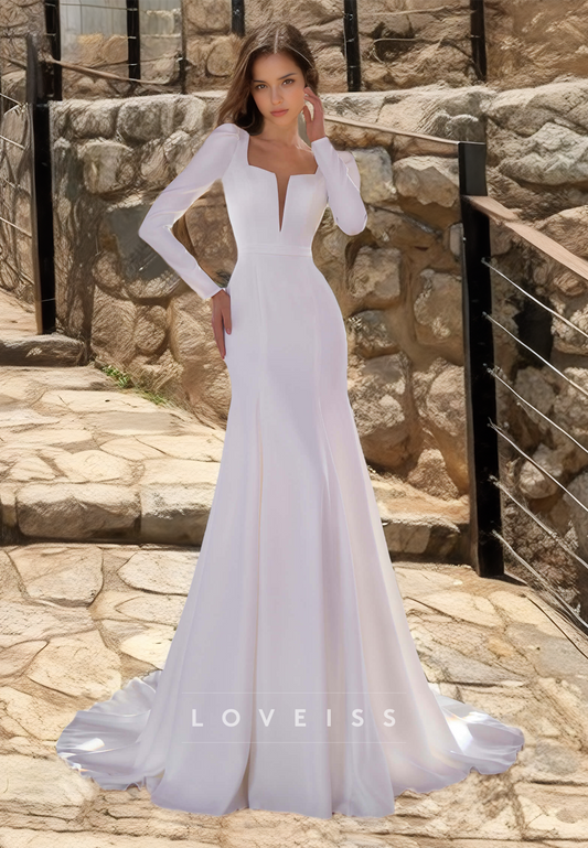 V-Neck Long Sleeves Sleek Satin Pleated Mermaid Wedding Dress