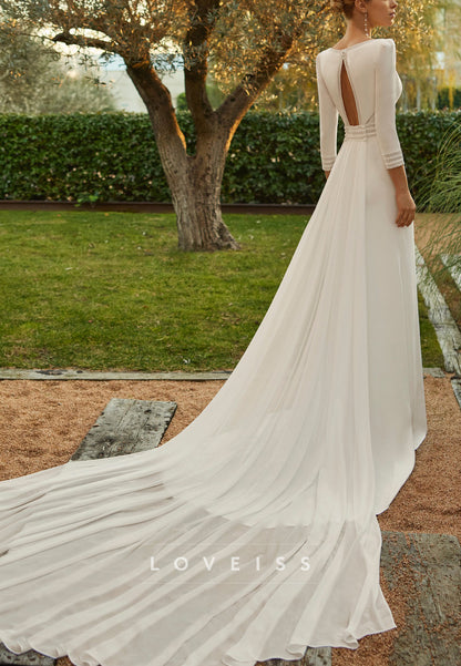 V-Neck Long Sleeves Sleek Simple Sheath Wedding Dress