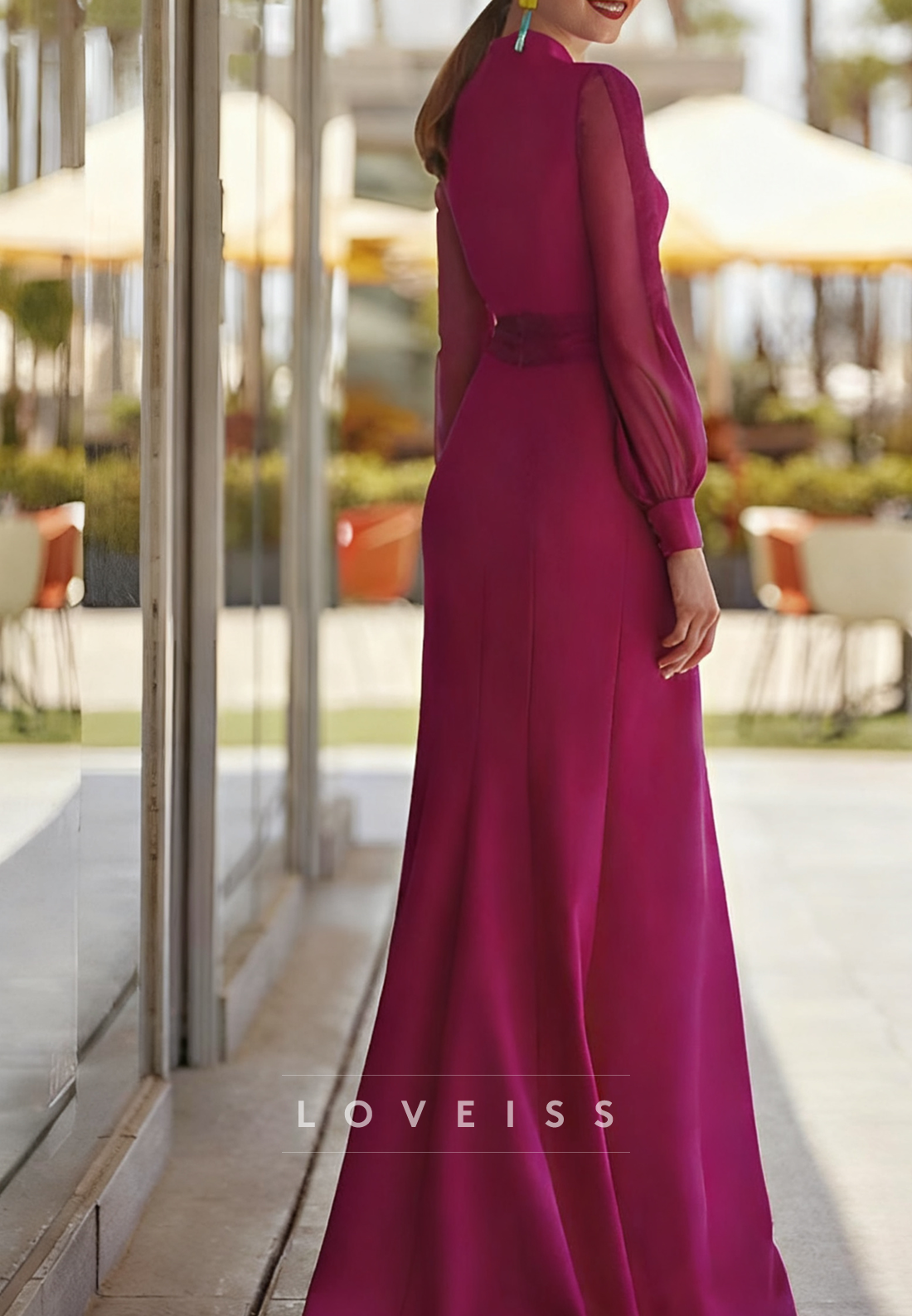 V-Neck Long Sleeves Slit Mermaid Mother of Bride Dress