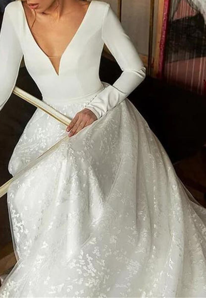 V-Neck Long Sleeves Sparkly A-Line Wedding Dress