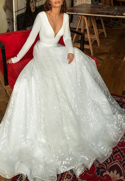 V-Neck Long Sleeves Sparkly A-Line Wedding Dress