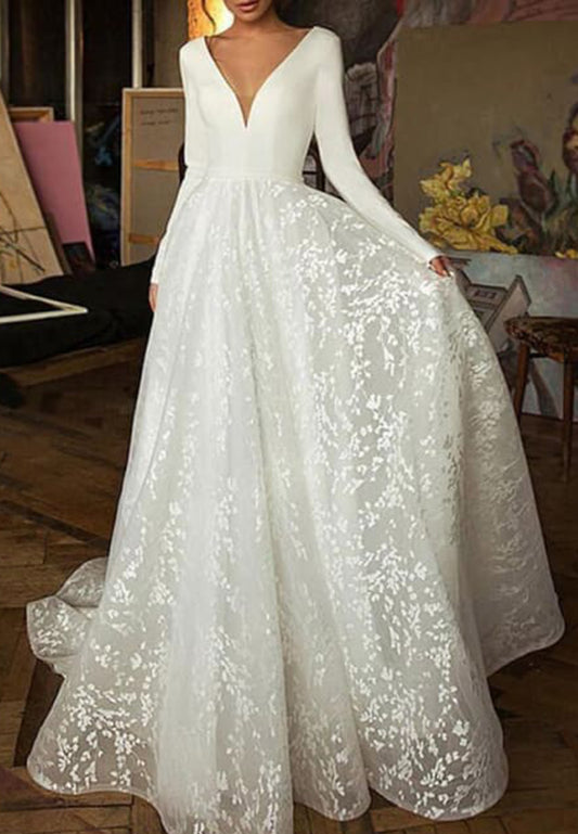 V-Neck Long Sleeves Sparkly A-Line Wedding Dress